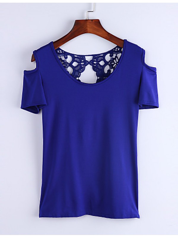 Women's Solid Patchwork Lace Hollow Out Off Shoulder All Match T-shirt,Round Neck Short Sleeve