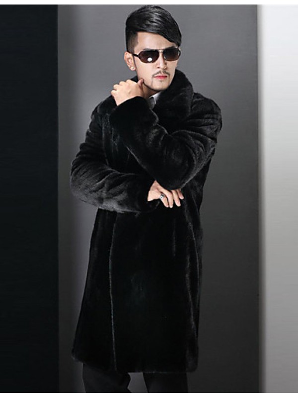 Men's Plus Size Street chic Fur Coat,Solid Shirt Collar Long Sleeve Winter Black Goatskin Thick