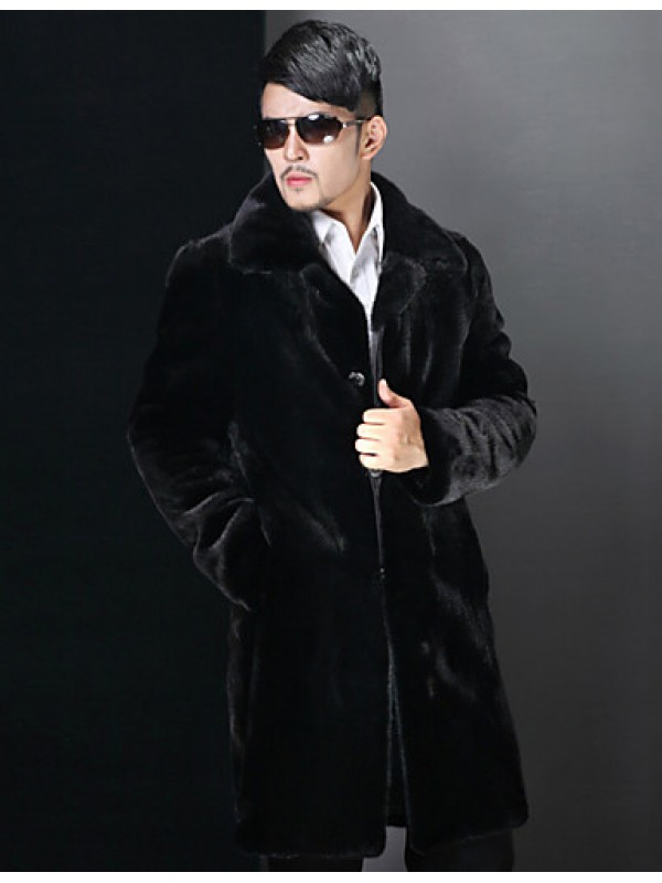 Men's Solid Casual / Plus Sizes Trench coat,Faux Fur Long Sleeve-Black