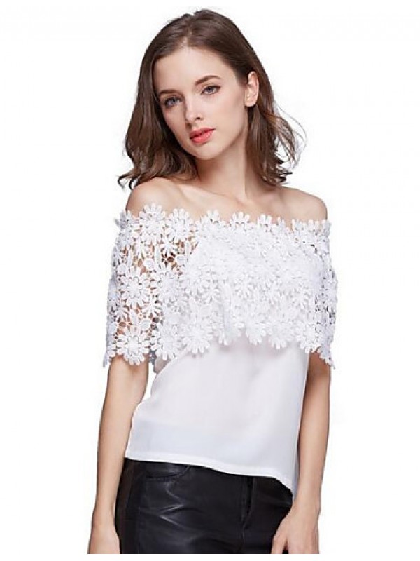 Women's Patchwork Lace All Match Sexy Cut Out T-shirt,Boat Neck Short Sleeve