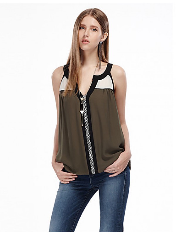 Women's Casual/Daily Simple Summer Tank Top,Patchwork Off Shoulder Sleeveless Green Polyester Thin