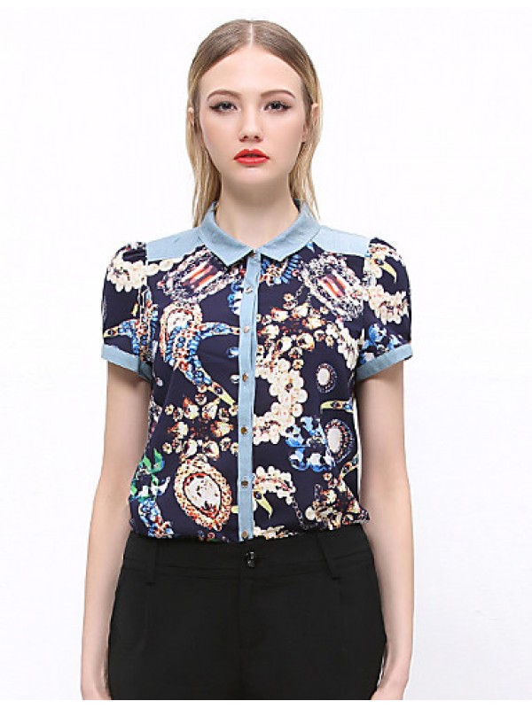 Women's Going out Vintage Summer ShirtPrint Shirt Collar Short Sleeve Blue / Green Cotton / Polyester Opaque