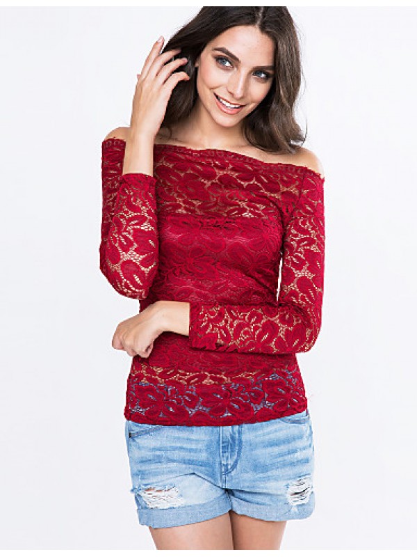 Women's Vogue Lace Bateau Long Sleeve Hollow Out Lace T-shirt