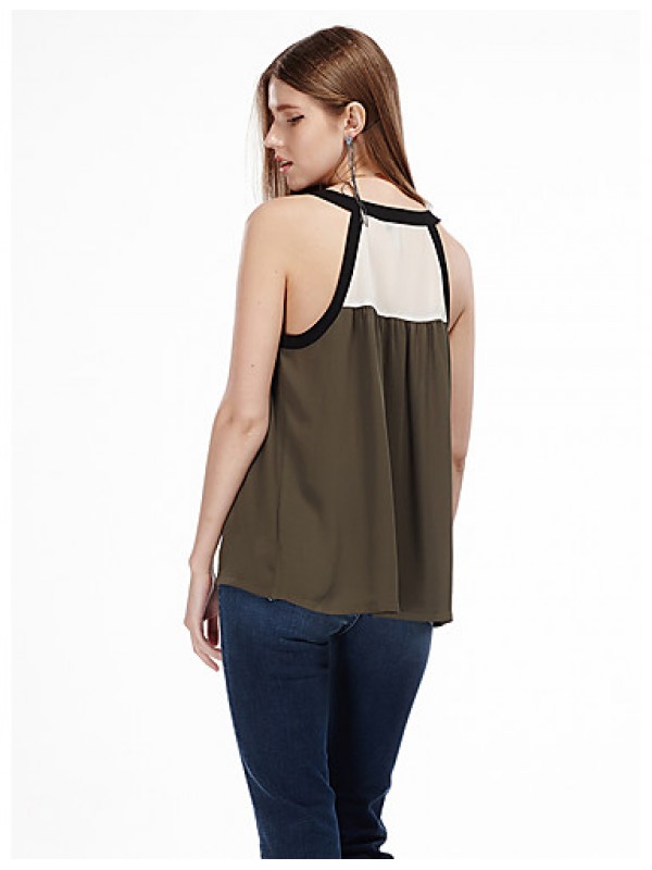 Women's Casual/Daily Simple Summer Tank Top,Patchwork Off Shoulder Sleeveless Green Polyester Thin