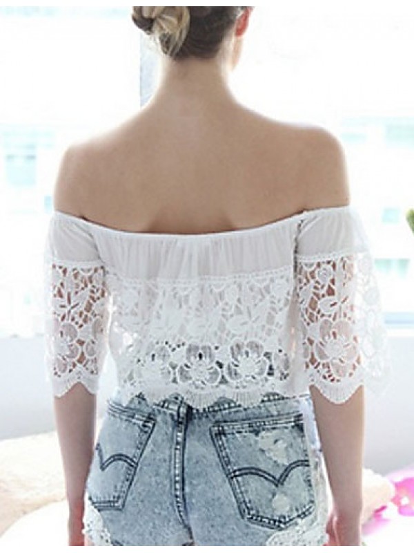 Women's Sexy/Beach Micro Elastic Short Sleeve Short Blouse (Lace)