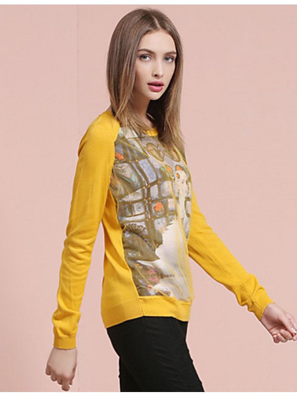 Women's Going out Street chic Spring / Fall T-shirtPrint Round Neck Long Sleeve White / Yellow Cotton