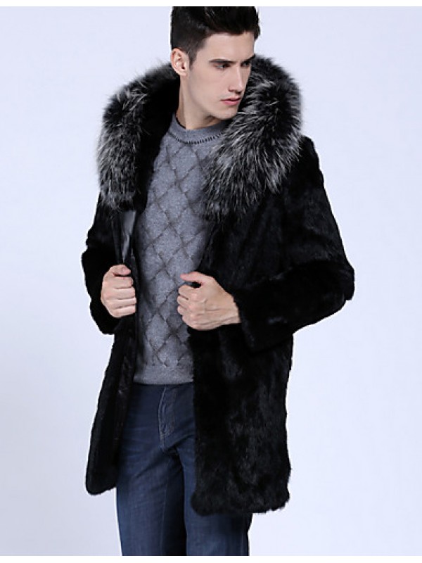 Men's Casual/Daily Simple Fur Coat,Solid Hooded Long Sleeve Winter Black Faux Fur Thick