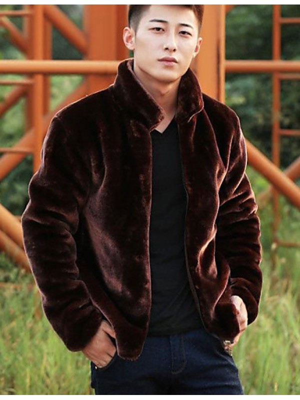 Men's Casual/Daily Simple Fur Coat,Solid Stand Long Sleeve Winter Blue / Black / Brown Faux Fur Thick