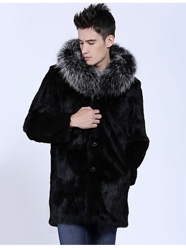 Men's Casual/Daily / Formal / Work Vintage / Street chic Hodded Fur Coat Solid Long Sleeve Winter Black Faux Fur Thick