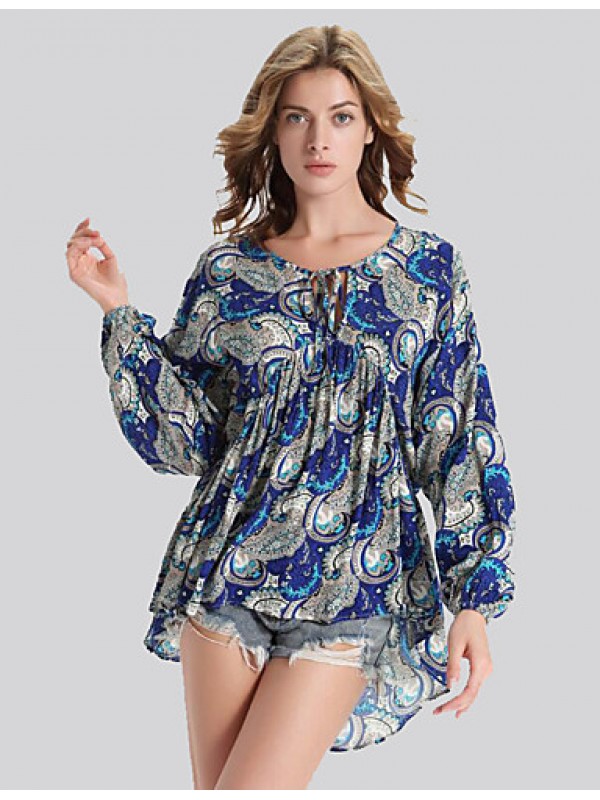 Women's Plus Size Vintage Fall T-shirt,Print Round Neck Long Sleeve Blue Polyester Opaque