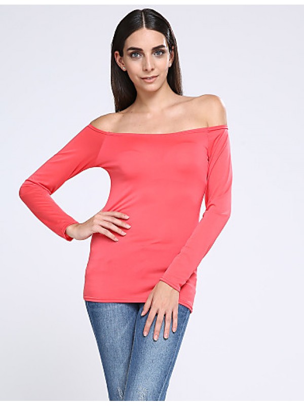 Women's Casual/Daily Simple Fall T-shirt,Solid Boat Neck Long Sleeve Red / White / Black Cotton Opaque