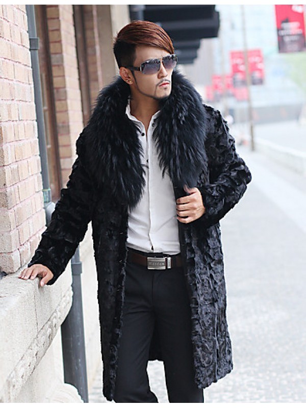 Men's Daily / Formal / Work Simple / Street chic Coat Solid Fur collar Long Sleeve Winter Faux Fur Black Thick