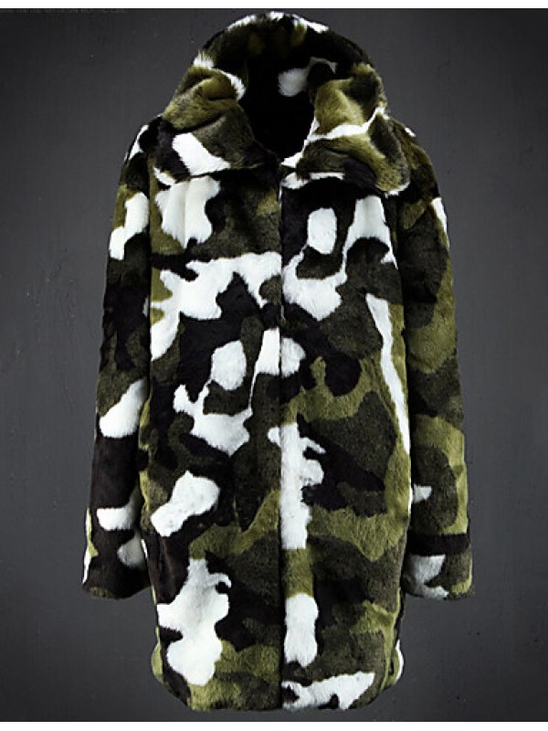 Men's Camouflage Casual / Plus Sizes Trench coat,Faux Fur Long Sleeve-Green