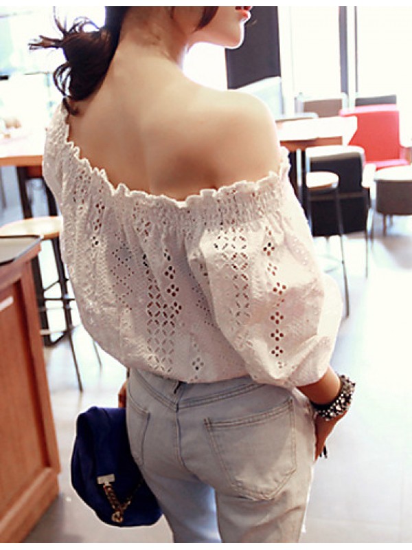 Women's Going out Sexy / Street chic Summer Blouse,Solid Boat Neck ? Length Sleeve White Rayon / Polyester Translucent