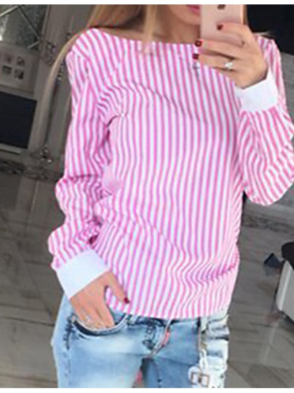 Women's Casual/Daily Sexy Blouse,Striped Boat Neck Long Sleeve Blue / Pink Cotton / Polyester Thin