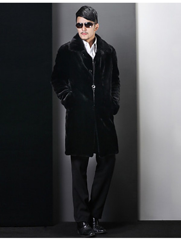 Men's Solid Casual / Plus Sizes Trench coat,Faux Fur Long Sleeve-Black