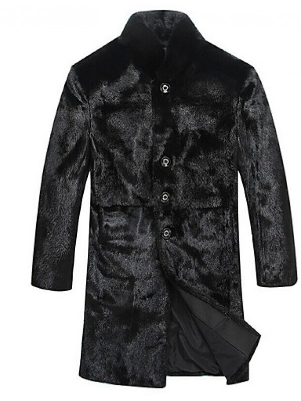 Men's Special Occasion / Plus Size / Casual/Daily Street chic / Punk & Gothic / Tops Fur Coat,Solid Shirt Collar Long Sleeve Winter Black