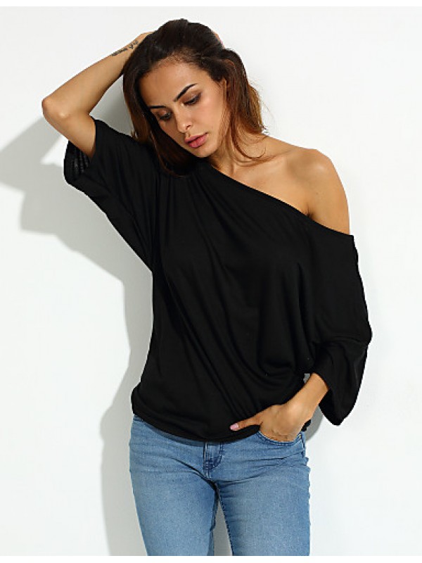 Women's Solid Sexy Loose Off Shoulder T-shirt,Boat Neck Short Sleeve