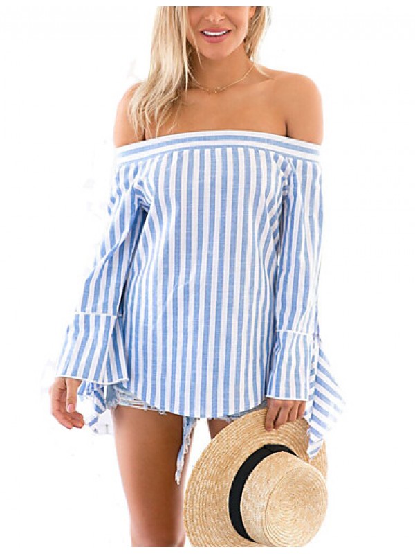 Women's Going out Sexy Summer Blouse,Striped Boat Neck Long Sleeve Blue Cotton / Polyester Thin