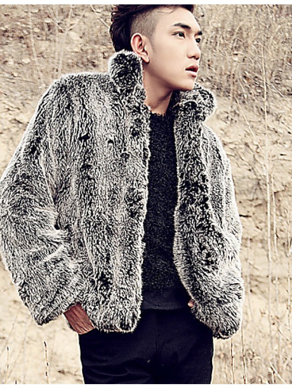 Men's Casual/Daily Simple Fur Coat,Solid Shirt Collar Long Sleeve Winter Black / Brown Faux Fur Thick