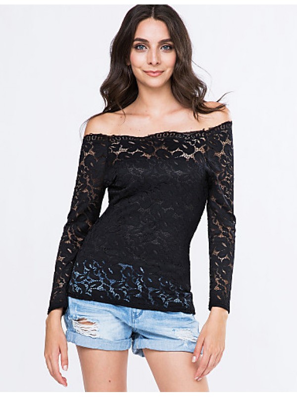 Women's Vogue Lace Bateau Long Sleeve Hollow Out Lace T-shirt