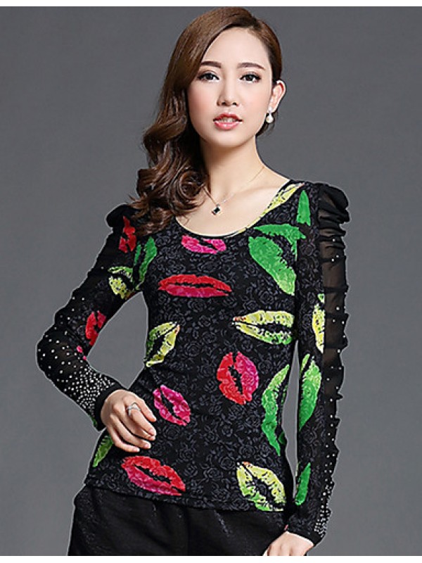 Spring/Fall Casual/Daily/Plus Size Women's Tops Round Neck Long Sleeve Fashion Printing Rhinestone Slim Blouse Shirt