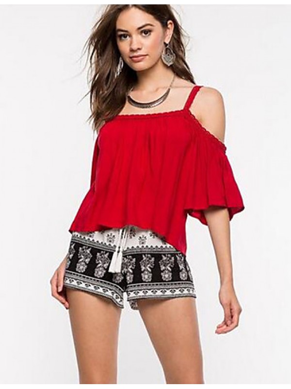 Women's Solid Backless Loose Off-The-Shoulder Fashion Lace Patchwork T-shirt,Strap Short Sleeve