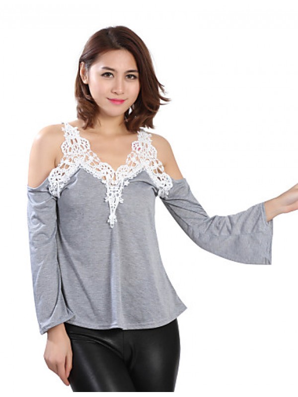 Women's Patchwork Lace Strap Off-The-Shoulder All Match Loose Casual V Neck Long Sleeve Plus Size T-shirt