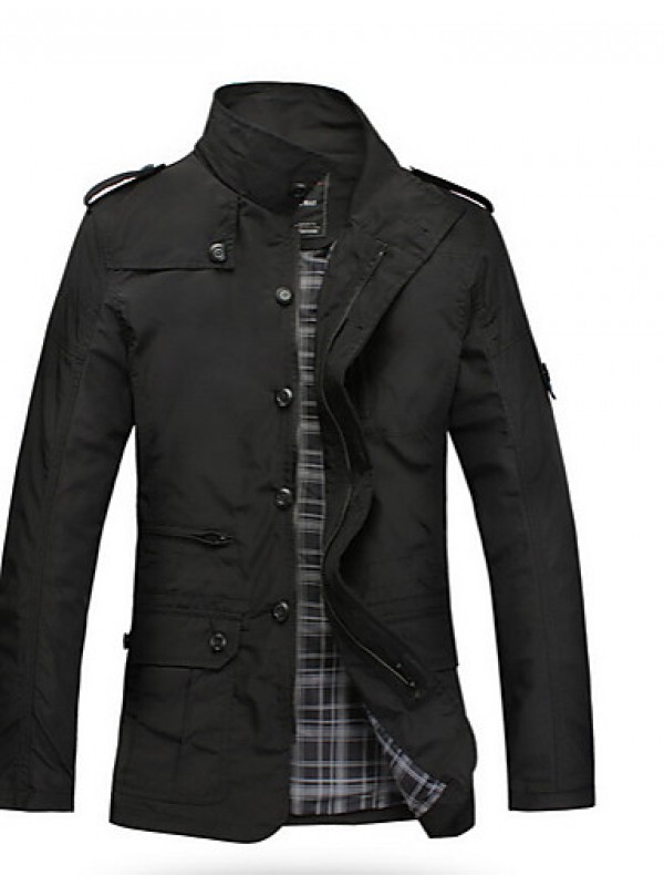 Men's Long Sleeve Regular Trench Coat , Polyester Plaids & Checks Winter Jacket