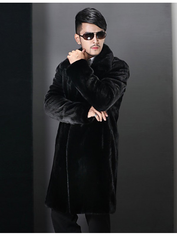 Men's Casual/Daily / Formal Vintage / Street chic Coat Solid Peaked Lapel Long Sleeve Winter Black Faux Fur Thick