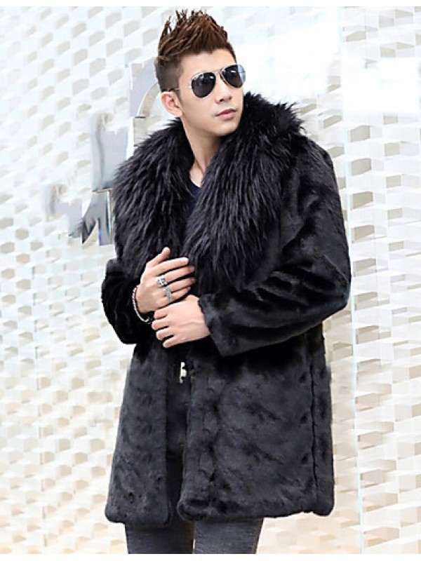 Men's Special Occasion / Plus Size / Casual/Daily Street chic / Punk & Gothic / Tops Fur Coat,Solid Shirt Collar Long Sleeve Winter Black