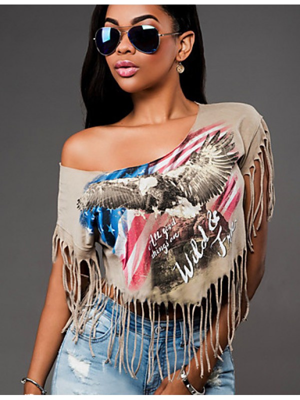 Women's Sexy Print One Shoulder Short Tassel T-shirt/Blouse