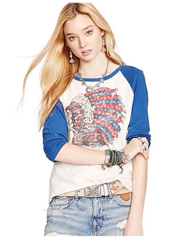 Women's Casual/Daily Street chic Color Block Fashion Sport T-shirt Print Round NeckSleeve Blue Polyester Medium