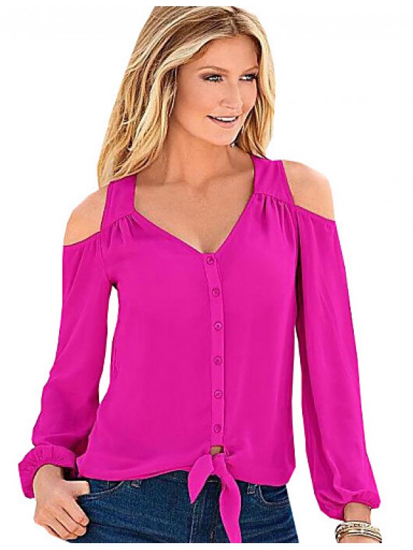 Women's Solid Sexy Off-The-Shoulder Chiffion Pink T-shirt,V Neck Long Sleeve