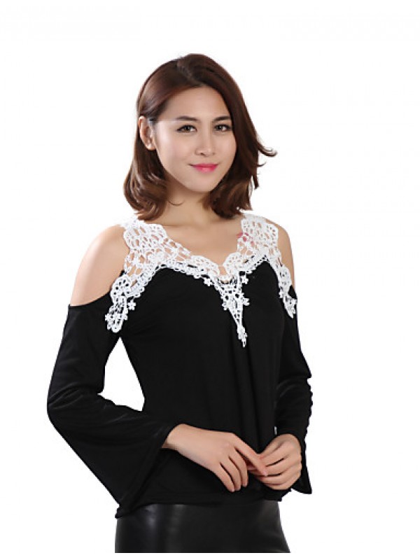 Women's Patchwork Lace Strap Off-The-Shoulder All Match Loose Casual V Neck Long Sleeve Plus Size T-shirt