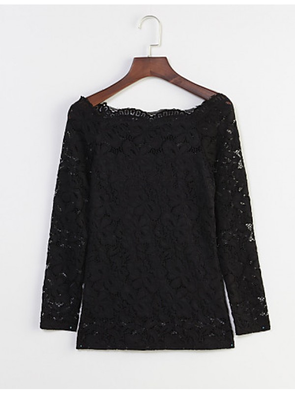 Women's Vogue Lace Bateau Long Sleeve Hollow Out Lace T-shirt