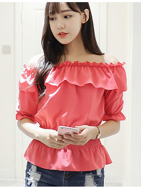 Women's Going out Sexy Summer Blouse,Solid Boat Neck Short Sleeve Blue / Pink / White Polyester Thin