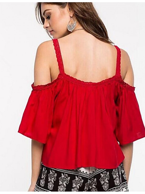 Women's Solid Backless Loose Off-The-Shoulder Fashion Lace Patchwork T-shirt,Strap Short Sleeve