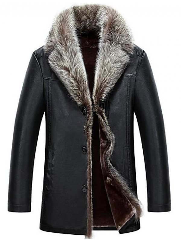 Men's Plus Size / Casual/Daily Simple Fur Coat,Solid Long Sleeve Red / Black / Brown Special Leather Types