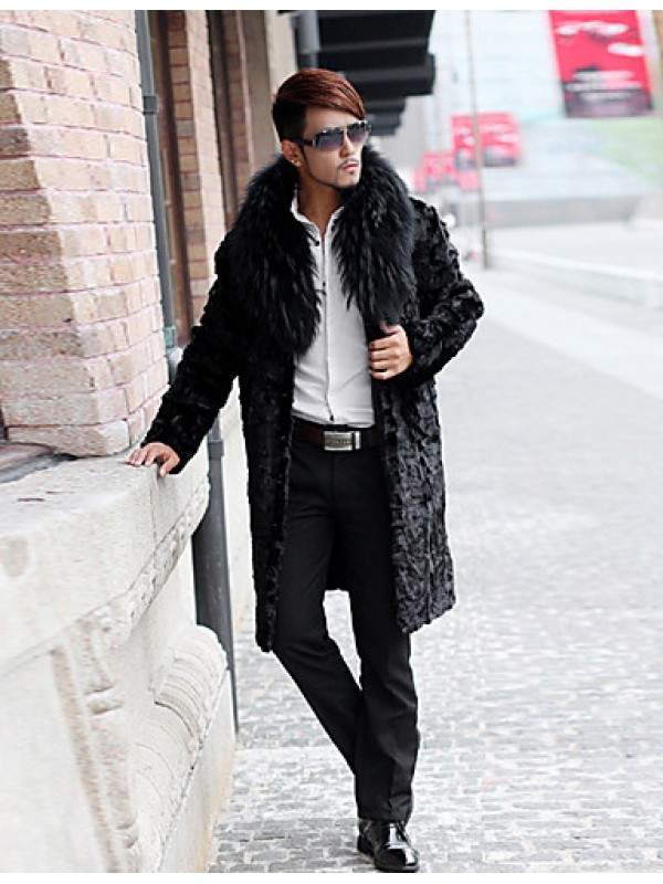 Men's Daily / Formal / Work Simple / Street chic Coat Solid Fur collar Long Sleeve Winter Faux Fur Black Thick