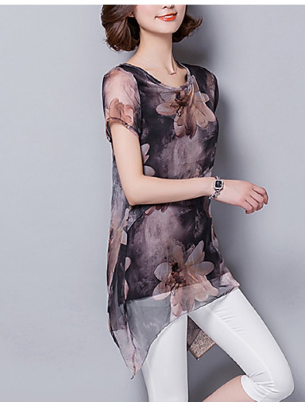 Women's Going out / Casual/Daily Street chic ,Print Round Neck Short Sleeve Brown Polyester Thin