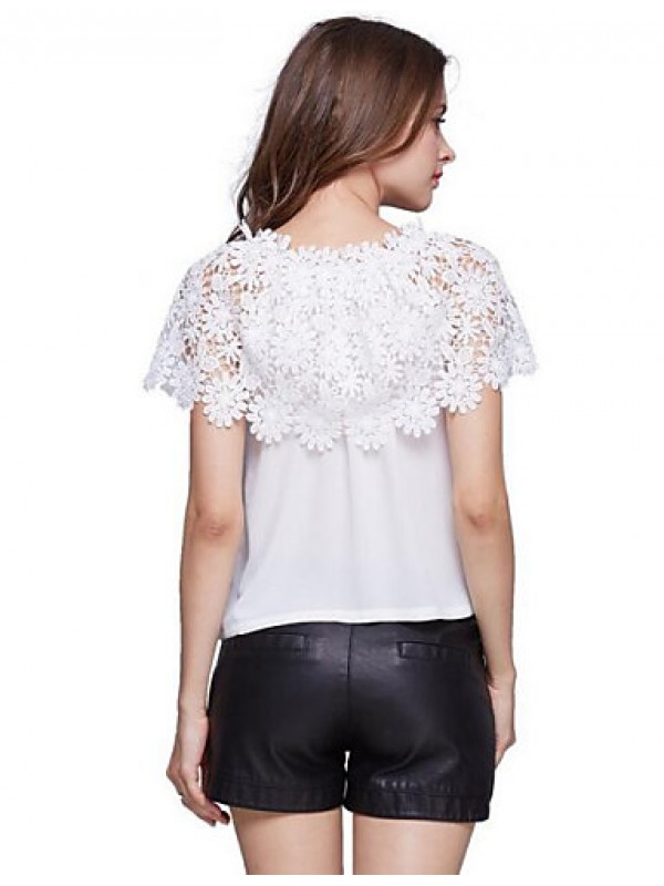 Women's Patchwork Lace All Match Sexy Cut Out T-shirt,Boat Neck Short Sleeve