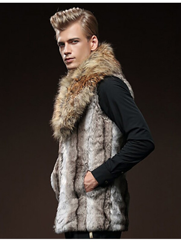 Men's Patchwork Casual / Plus Size CoatFaux Fur Sleeveless-Brown