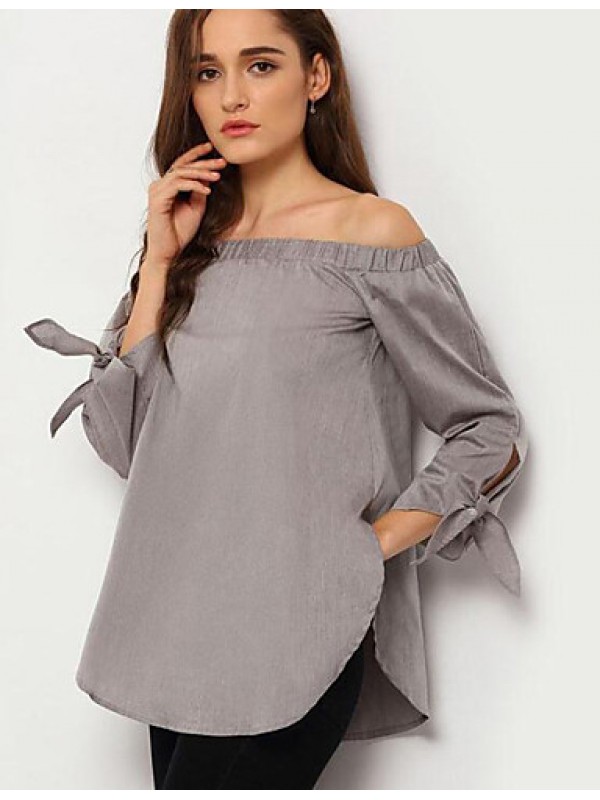 Women's Casual/Daily Street chic Summer Blouse,Solid Boat Neck Long Sleeve Blue / White / Gray Polyester Medium