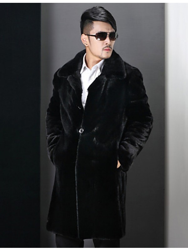 Men's Solid Casual / Plus Sizes Trench coat,Faux Fur Long Sleeve-Black