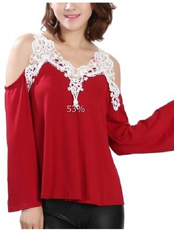 Women's Patchwork Lace Strap Off-The-Shoulder All Match Loose Casual V Neck Long Sleeve Plus Size T-shirt