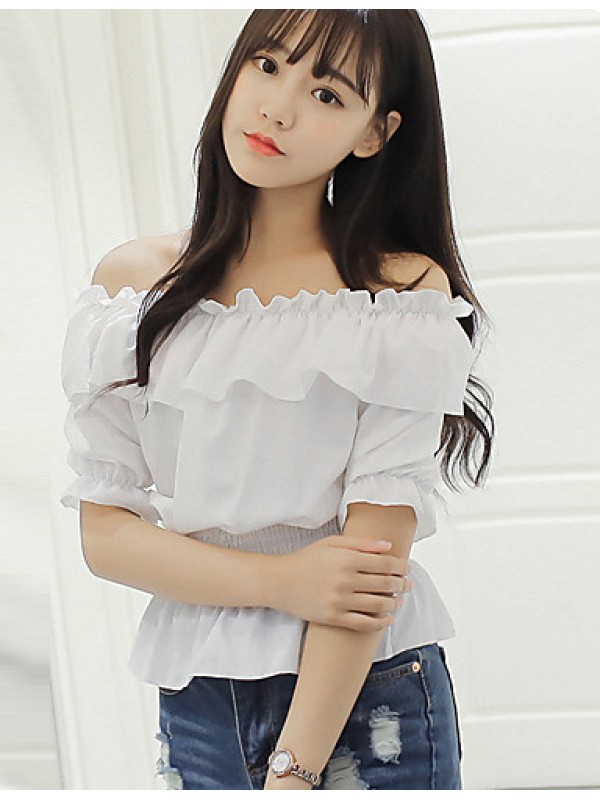 Women's Going out Sexy Summer Blouse,Solid Boat Neck Short Sleeve Blue / Pink / White Polyester Thin