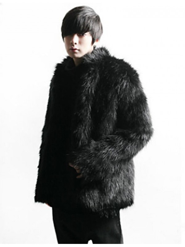 Men's Special Occasion / Plus Size / Casual/Daily Street chic / Punk & Gothic / Tops Fur Coat,Solid Shirt Collar Long Sleeve Winter Black