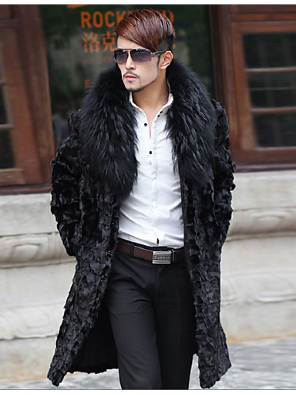 Men's Daily / Formal / Work Simple / Street chic Coat Solid Fur collar Long Sleeve Winter Faux Fur Black Thick