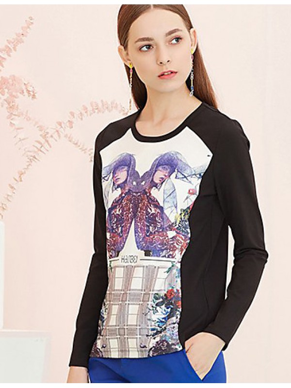 Women's Going out Street chic Spring / Fall T-shirtPrint Round Neck Long Sleeve Black